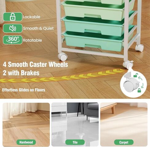 Rolling Storage Cart with 8 Drawers & Wooden Tabletop, Utility Cart On Wheels for Craft Storage, Home, School, Bedroom, Living Room, Dorm, Office, Classroom Storage Organizer Cart, Green, White in Saudi Arabia