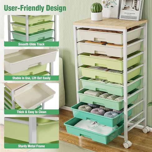Rolling Storage Cart with 8 Drawers & Wooden Tabletop, Utility Cart On Wheels for Craft Storage, Home, School, Bedroom, Living Room, Dorm, Office, Classroom Storage Organizer Cart, Green, White in Saudi Arabia