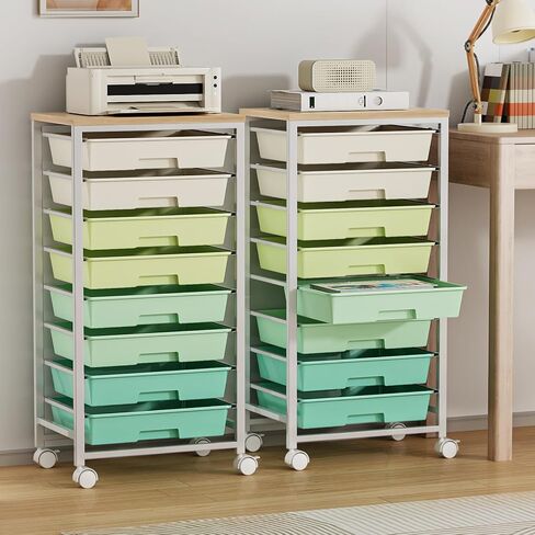 Rolling Storage Cart with 8 Drawers & Wooden Tabletop, Utility Cart On Wheels for Craft Storage, Home, School, Bedroom, Living Room, Dorm, Office, Classroom Storage Organizer Cart, Green, White in Saudi Arabia
