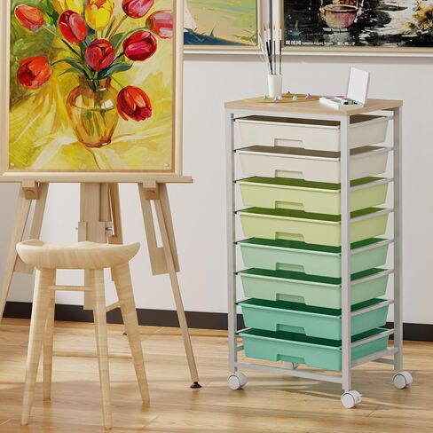 Rolling Storage Cart with 8 Drawers & Wooden Tabletop, Utility Cart On Wheels for Craft Storage, Home, School, Bedroom, Living Room, Dorm, Office, Classroom Storage Organizer Cart, Green, White in Saudi Arabia