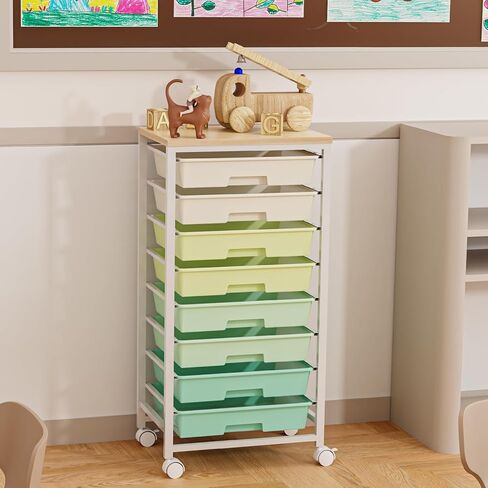 Rolling Storage Cart with 8 Drawers & Wooden Tabletop, Utility Cart On Wheels for Craft Storage, Home, School, Bedroom, Living Room, Dorm, Office, Classroom Storage Organizer Cart, Green, White in Saudi Arabia