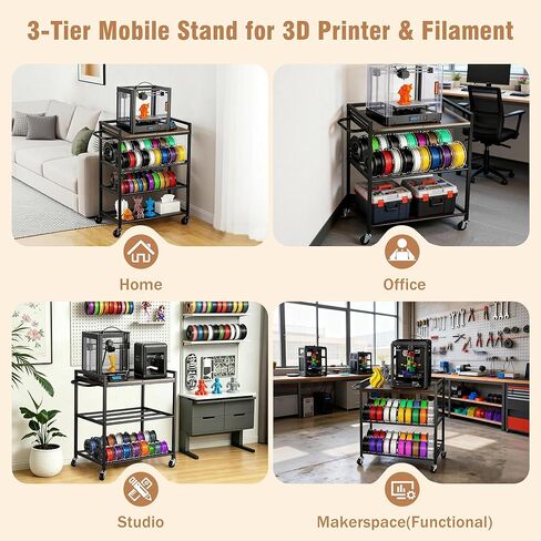 3D Printer Stand with Filaments Storage, 3-Tier Heavy Duty 3D Printer Cart Desk with Wheels, Compact Metal Storage Table for Resin/PLA Consumables, Workshop & Office Brown in Saudi Arabia