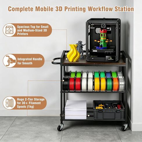 3D Printer Stand with Filaments Storage, 3-Tier Heavy Duty 3D Printer Cart Desk with Wheels, Compact Metal Storage Table for Resin/PLA Consumables, Workshop & Office Brown in Saudi Arabia