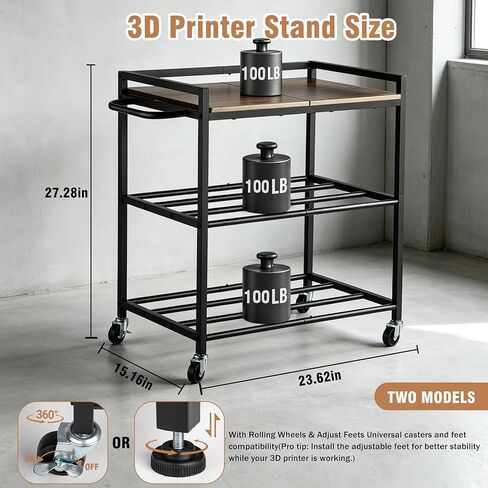 3D Printer Stand with Filaments Storage, 3-Tier Heavy Duty 3D Printer Cart Desk with Wheels, Compact Metal Storage Table for Resin/PLA Consumables, Workshop & Office Brown in Saudi Arabia