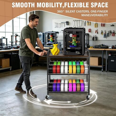 3D Printer Stand with Filaments Storage, 3-Tier Heavy Duty 3D Printer Cart Desk with Wheels, Compact Metal Storage Table for Resin/PLA Consumables, Workshop & Office Brown in Saudi Arabia