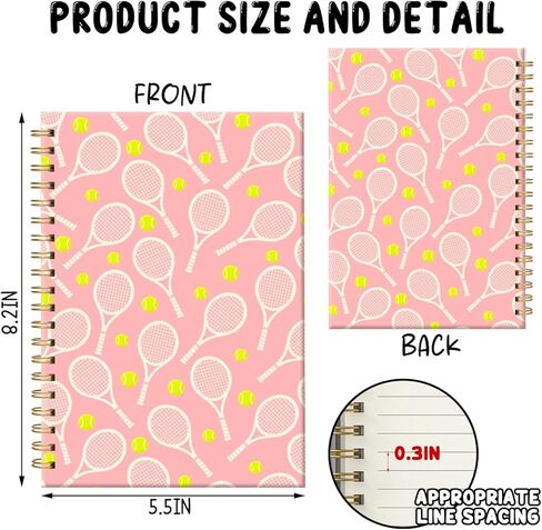 Trendy Tennis Notebook, Preppy Sports Gift, Tennis Racket Print, Cute College Ruled Writing Journal for Home School College, Office and School Supplies, Hardcover Notebook Journal 5.5x8.3 in Kuwait