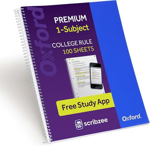 Oxford Spiral Notebook with Free Study App, 1 Subject, College Ruled, Ultra Smooth Paper, No Ink Bleed-Through, Strong Poly Blue Cover, Durable 2 Sided Pocket, 100 Easy Perforated 8.5" x 11" Sheets in Kuwait