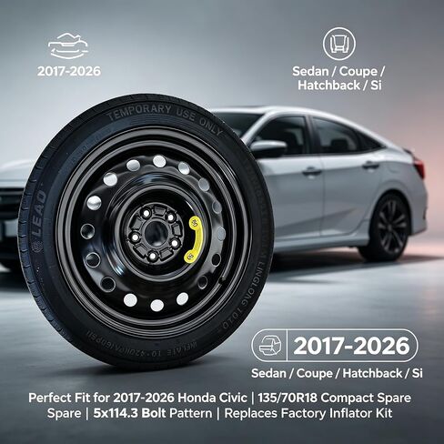 Spare Tire Kit Fits 2017-2026 Honda Civic | Complete Compact Spare Tire 135/70R18 with Pre-Mounted Wheel | Includes 2.5 Ton Scissor Jack, Lug Wrench & Tool Set | Roadside Emergency Kit in Saudi Arabia