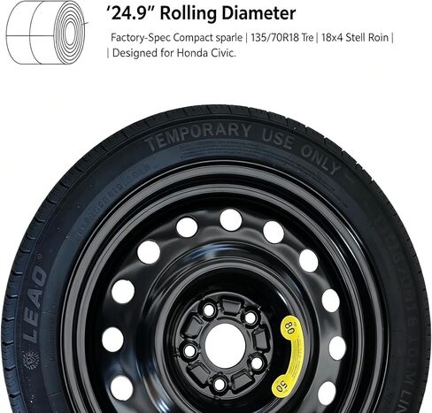 Spare Tire Kit Fits 2017-2026 Honda Civic | Complete Compact Spare Tire 135/70R18 with Pre-Mounted Wheel | Includes 2.5 Ton Scissor Jack, Lug Wrench & Tool Set | Roadside Emergency Kit in Saudi Arabia