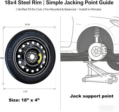Spare Tire Kit Fits 2017-2026 Honda Civic | Complete Compact Spare Tire 135/70R18 with Pre-Mounted Wheel | Includes 2.5 Ton Scissor Jack, Lug Wrench & Tool Set | Roadside Emergency Kit in Saudi Arabia