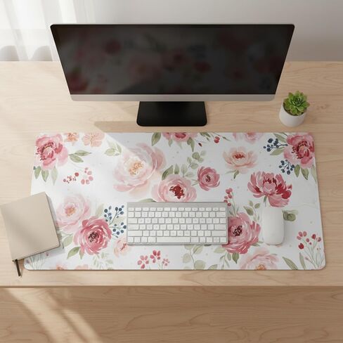 Large Floral Desk Pad, XXL Extended Mouse Pad for Desktop, Pink Watercolor Flowers PU Leather Waterproof Gaming Desk Mat, Cute Aesthetic Keyboard Mouse Pad for Home Office School, 31.5" x 15.7" in Saudi Arabia