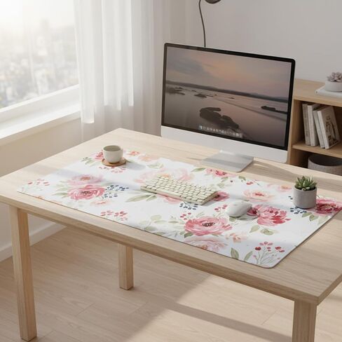 Large Floral Desk Pad, XXL Extended Mouse Pad for Desktop, Pink Watercolor Flowers PU Leather Waterproof Gaming Desk Mat, Cute Aesthetic Keyboard Mouse Pad for Home Office School, 31.5" x 15.7" in Saudi Arabia
