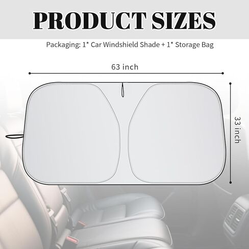 2026 Upgraded Car Windshield Sun Shade 63"X33",Thickened Oxford Cloth Windshield Sunshade Reflects Sunlight & Blocks Heat,Foldable Car Shield Sun Protector Kit with Storage Bag (L (63 x 33 inch)) in Kuwait
