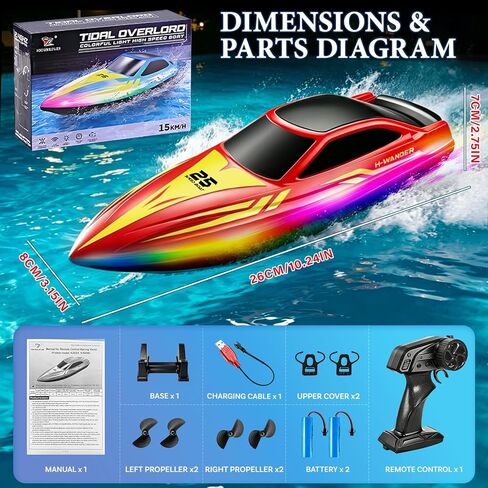 Tidjani RC Boat for Kids, Remote Control Boat with 7-Mode LED, 60Mins Playtime, 15 KPH RC Speed Boat for Pool & Lake & Saltwater, Summer Toys for Boys, Girls in Saudi Arabia