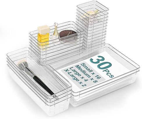 15Pcs Clear Plastic Drawer Organizers Set, 4size makeup drawer organizer trays for vanity/desk/bathroom/office/nightstand/gadgets for kitchen/desk drawer, Versatile drawer divider storage bins in Saudi Arabia