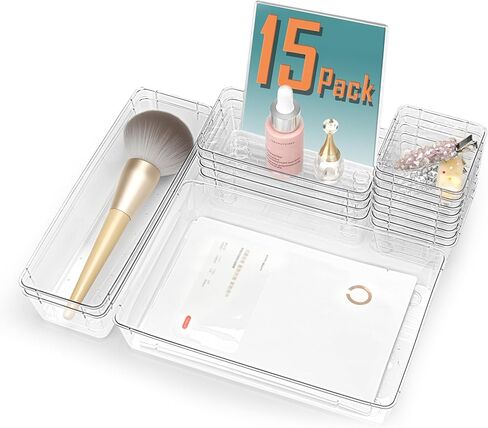 15Pcs Clear Plastic Drawer Organizers Set, 4size makeup drawer organizer trays for vanity/desk/bathroom/office/nightstand/gadgets for kitchen/desk drawer, Versatile drawer divider storage bins in Saudi Arabia