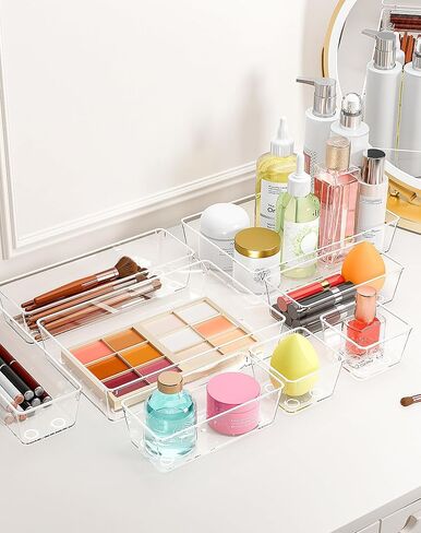 15Pcs Clear Plastic Drawer Organizers Set, 4size makeup drawer organizer trays for vanity/desk/bathroom/office/nightstand/gadgets for kitchen/desk drawer, Versatile drawer divider storage bins in Saudi Arabia