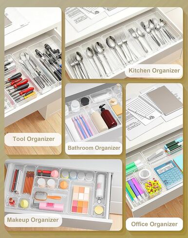 15Pcs Clear Plastic Drawer Organizers Set, 4size makeup drawer organizer trays for vanity/desk/bathroom/office/nightstand/gadgets for kitchen/desk drawer, Versatile drawer divider storage bins in Saudi Arabia
