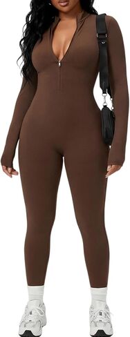 Coume Women Long Sleeve Workout Jumpsuit Zip up Front Romper One Piece Sexy Bodycon Bodysuit Causal Yoga Gym Sport in Saudi Arabia