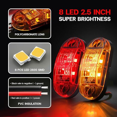 20 قطعة من 2.5 بوصة بيضاوية 10 كهرمان + 10 ضوء أحمر 8LED مجموعة مصابيح LED فائقة السطوع للمقطورة مؤشرات جانبية لتخليص المقطورة ضوء عالمي لشاحنة مقطورة بيك اب in Saudi Arabia