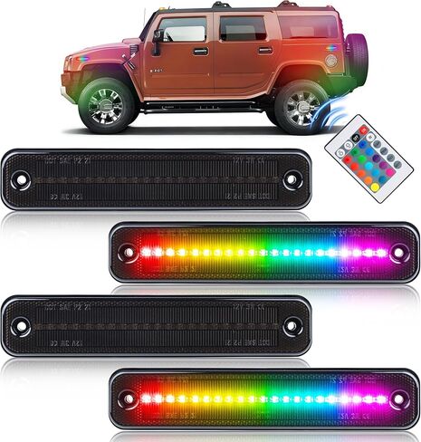 مصابيح LED للعلامات الجانبية RGB كاملة لسيارة Hummer H2 2003-2009، [4 أوضاع 16 لونًا] مصابيح العلامات الجانبية RGB متعددة الألوان، مجموعة مصد العدسات الأمامية والخلفية المدخنة مع جهاز تحكم عن بعد 24 مفتاحًا، 4 قطع in Kuwait