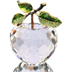 Faceted Crystal Glass Apple Figurine Paperweight Enameled Rhinestone Leaves Blessing Apple Statue 3.5 Inches (Enamel Leaves)