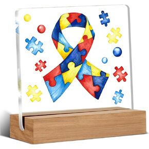 Autism Awareness Gift Autism Decoration Autism Ribbon Clear Desk Decorative Sign Autistic Acrylic Sign With Wooden Stand for Desk Table Shelf