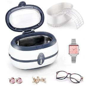 Ultrasonic Jewelry Cleaner, 40kHz Professional Cleaner Ultrasonic Machine with Carry Holder, Cleaning Basket for Jewelry, Rings, Eyeglasses, Watches, Silver (600 ml)