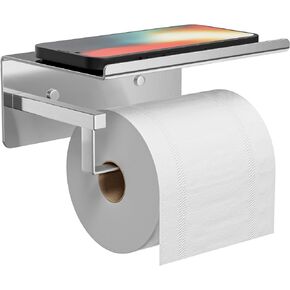 Adhesive Toilet Paper Holder - Wall-Mounted Toilet Paper Roll Holder with Phone Shelf, Rustproof No Nail Toilet Roll Holder with Shelf, Toilet Tissue Holder, Black