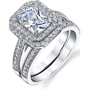 2 Carat Emerald Cut Sterling Silver and Cubic Zirconia Wedding Ring Engagement Band, Bridal Set
