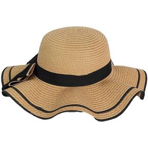 Chic Scallop Floppy Straw Hat with Bow: Perfect Summer Accessory! in Kuwait