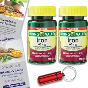 Spring Valley Iron Tablets Dietary Supplement Value Size, 65 mg, 200 CT Choice Bundle + Vitamin Vitality Guide & Pill Container (3 Items)!