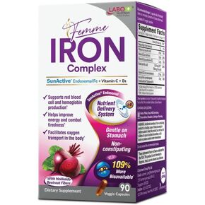 LABO Nutrition Femme Iron Endosomal SunActive, Non-Irritating 15mg Iron Supplement for Blood Builder, Vegan, Gentle, No Metallic Aftertaste, Non Constipating, Ideal for Sensitive Stomachs, 90 Count