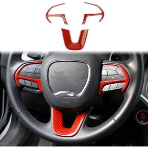 Crosselec Carbon Fiber Steering Wheel Cover Trim Bezels Accessories for Dodge Charger Challenger 2015+ (red carbon fiber)