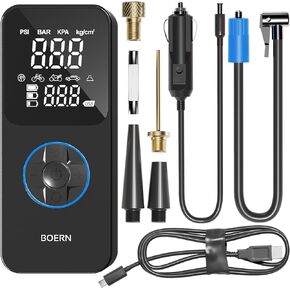 BOERN Tire Inflator Portable Air Compressor - Cordless Air Pump for Car Tires with Digital Tire Pressure Gauge - Air Compressor (150PSI) for Car, Motorcycle and Bicycle with Powerbank Function