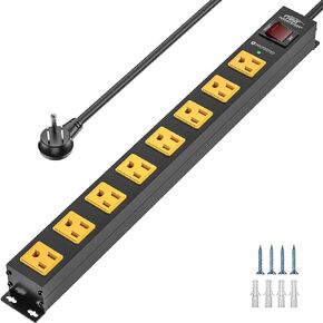 CRST 8 Outlet Metal Long Power Strip, 2100J Heavy Duty Surge Protector Power Strip, 6 FT Cord Mountable Wide Spaced Workshop Garage Power Strip, 15amp/1875W(Black+Yellow)
