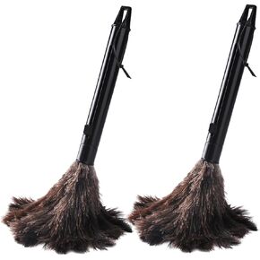 2pcs Retractable Ostrich Feather Duster for Cleaning, 9.8-16 inch Fluffy and Natural Retractable Feather Duster with Retractable Handle(Black)
