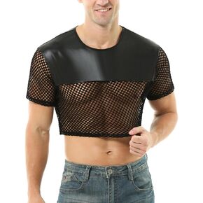 Mens Fishnet Shirts See Through Faux Leather Sexy Crop Tops Short Sleeve Mesh T Shirts