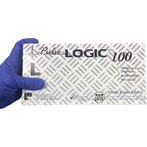 سلسلة Pulse Logic 100 (صندوق 100 قيراط - علبة 1000 قيراط) قفازات فحص النتريل الزرقاء، خالية من البودرة، وخالية من اللاتكس.