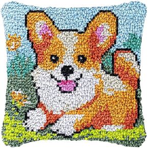 Latch Hook Pillowcase Kits Flower Cartoon Corgi Latch Hook kit Cushion Throw Pillow Embroidery Craft Kits for Beginner DIY Latch Hook Rug Kit with Printed Canvas Hobby & Craft 43x43cm