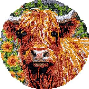 Floral Highland Cow Latch Hook Rug Kits for DIY Handmade Cushion Cross Stitch Latch Hook Rug Kits with Preprinted Canvas Crochet Yarn Kits Needlework Crafts 20'' X 20''(a1)