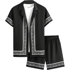 SHENHE Men's 2 Piece Outfits Geometric Button Up Short Sleeve Shirt and Shorts Hawaiian Sets