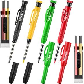 Hiboom 4 Pack Carpenter Pencils with 24 Refills, Mechanical Pencil Set with Sharpener, Construction Pencil for Deep Hole, Long Nosed Marker Heavy Duty Woodworking Pencils (Black,Red,Yellow)