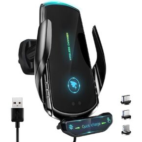 Wireless Car Charger Mount 15W Qi Fast Charging Auto Clamping Windshield Dashboard Suction Cup Air Vent Cell Phone Holder Bracket Compatible with All Smartphone (Black)