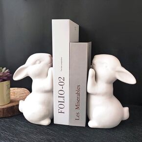 Firlar 2 Pcs Rabbit Bookends, Bunny Book Ends for Shelves, Ceramic Animal Figurine Book Ends Stands Shelves Organizer, Heavy Duty Bookends to Hold Books, White Rabbit for Home Office Kitchen Decor