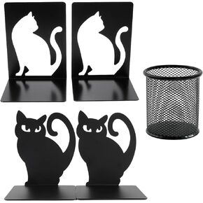 2Pairs Heavy Duty Metal Cat Bookends with 1 Pen Holder, Cute Black Cat Book Ends Holder for Shelves, Kitten Decorative Books Stopper, Cookbook CDs Organizer, Office Desktop Accessories (Style A)