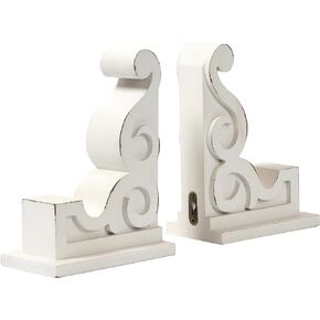 SOFE 1 Pair Rustic Wood Scroll Corbels Bookends, White Bookends Decorative, Sculpture Farmhouse Brackets, Book Ends for Heavy Books Home Office Decor
