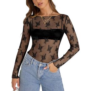 KTILG Womens Lace Long Sleeve Boat Neck Tops Embroidery Sheer Blouse Sexy See Through Shirt Mesh Top S-XXL