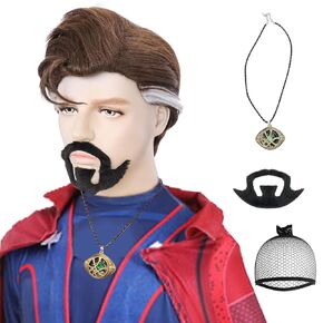 Wig +(1 Necklace+1 Mustache+1 Wig Cap) Brown Wig with White Highlights for Men Wizard Wig Short Straight Wig Synthetic Cosplay Wig for Halloween Costume Party