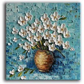 JELRINR Handmade Contemporary Art Oil Painting On Canvas Texture 3D White Flower Paintings Canvas art Abstract Artwork Wall Art for living Room Deco 30x30inch